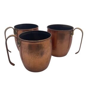 Set of 3 Vintage Copper Mugs with Brass Handles Barware Drinkware